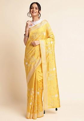Yellow Floral Embroidered Zari Saree Set