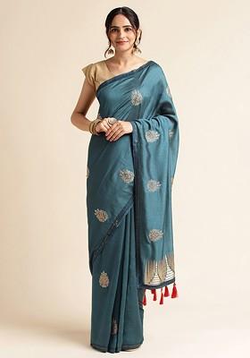 Blue Ethnic Motifs Embroidered Saree Set