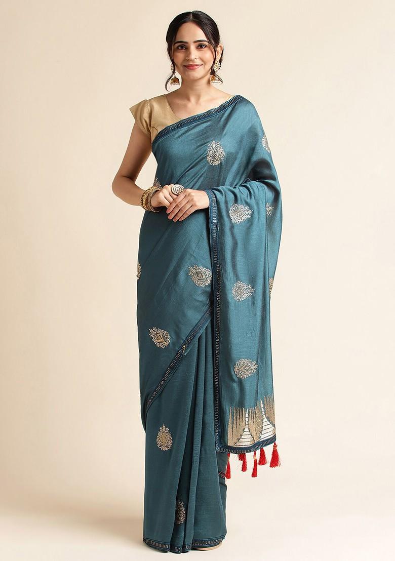 Blue Ethnic Motifs Embroidered Saree Set