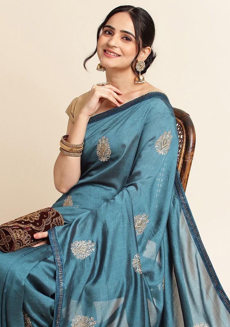 Blue Ethnic Motifs Embroidered Saree Set