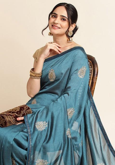 Blue Ethnic Motifs Embroidered Saree Set