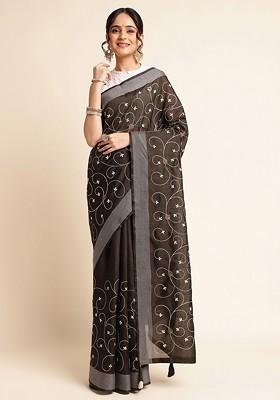 Coffee Brown Floral Embroidered Silk Cotton Saree Set