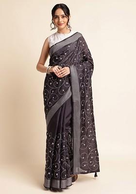 Black Floral Embroidered Silk Cotton Saree Set