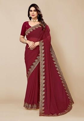 Maroon Embellished Embroidered Saree Set