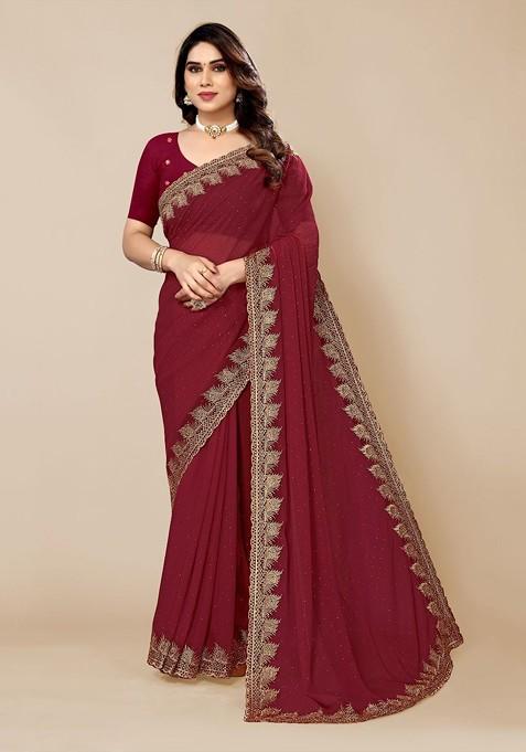 Maroon Embellished Embroidered Saree Set