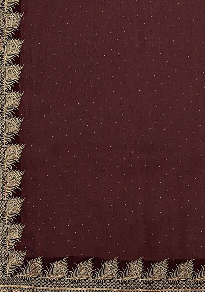 Brown Embellished Embroidered Poly Georgette Saree Set - Indya