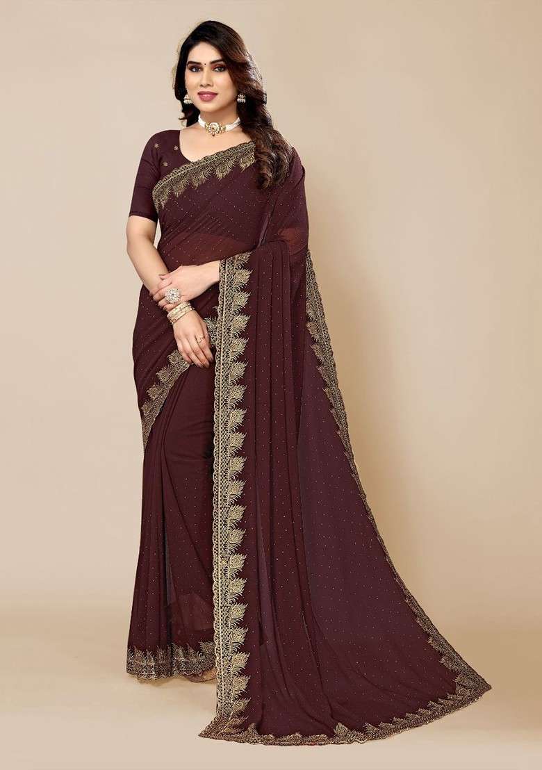 Brown Embellished Embroidered Poly Georgette Saree Set - Indya