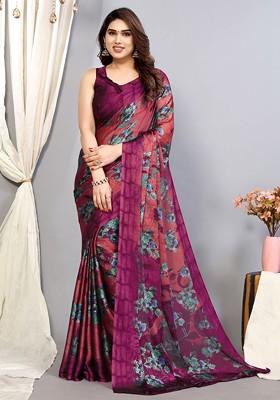 Purple Floral Print Poly Chiffon Saree Set