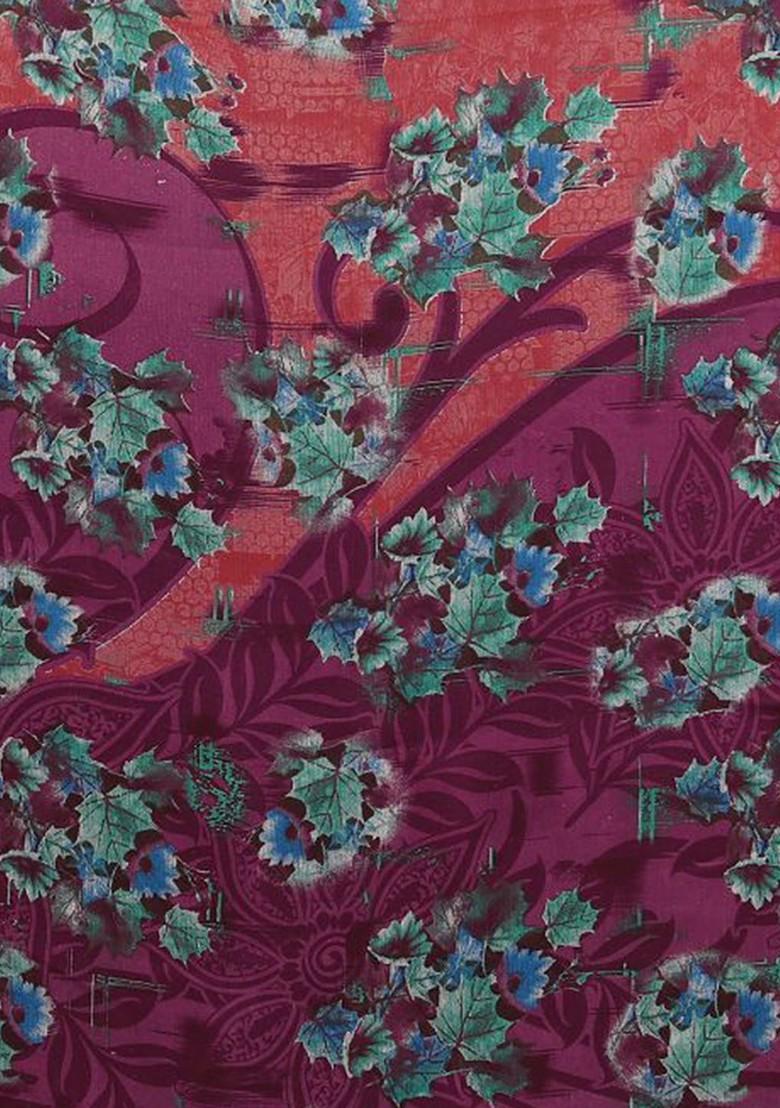 Purple Floral Print Poly Chiffon Saree Set