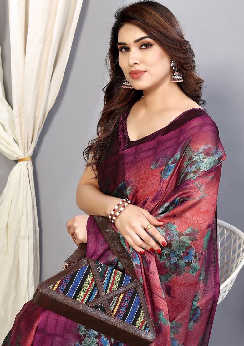 Purple Floral Print Poly Chiffon Saree Set