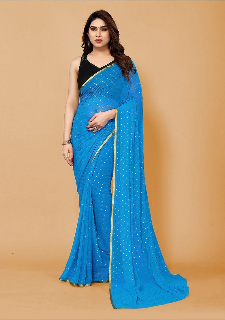 Blue Embellished Zari Poly Chiffon Saree Set