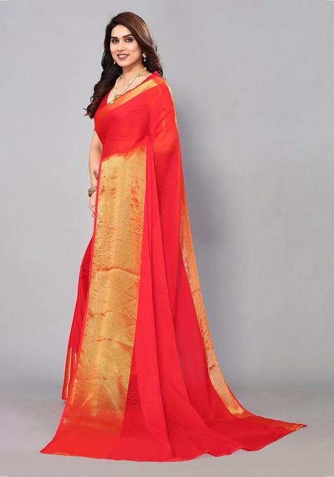 Red Zari Poly Chiffon Saree Set