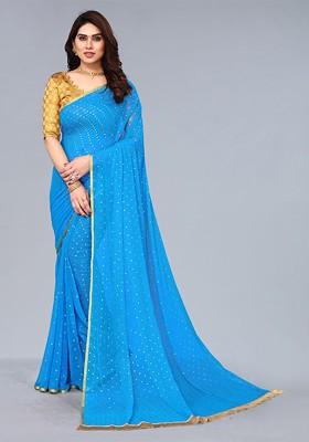 Blue Embellished Zari Saree Set