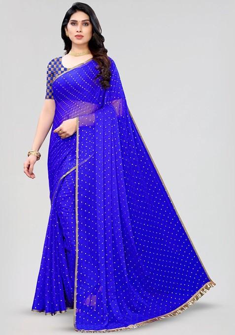 Blue Polka Dot Zari Saree Set
