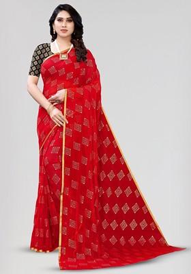 Red Geometric Print Zari Saree Set