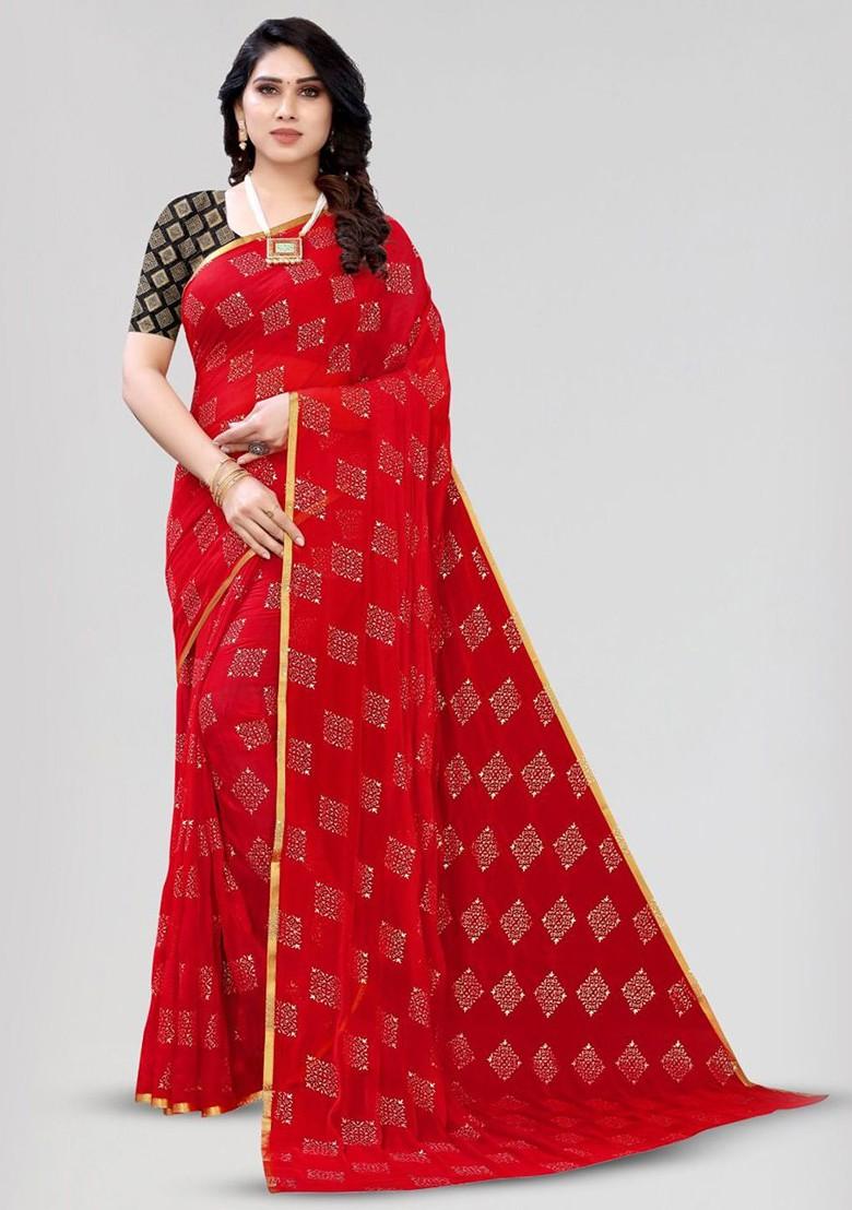 Red Geometric Print Zari Saree Set