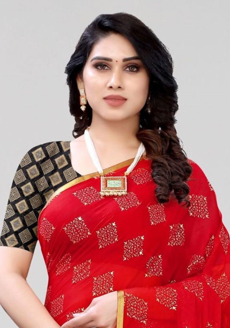 Red Geometric Print Zari Saree Set