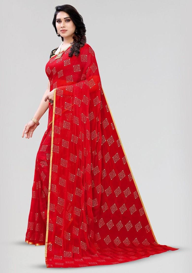 Red Geometric Print Zari Saree Set
