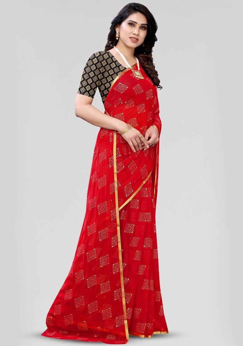 Red Geometric Print Zari Saree Set