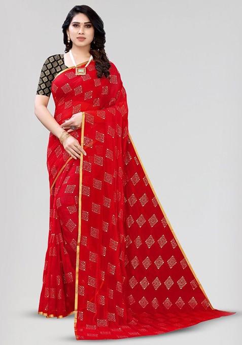 Red Geometric Print Zari Saree Set