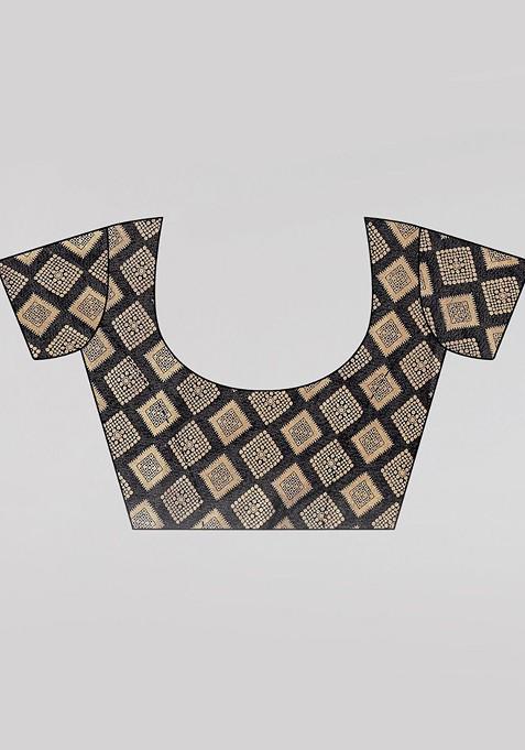 Red Geometric Print Zari Saree Set