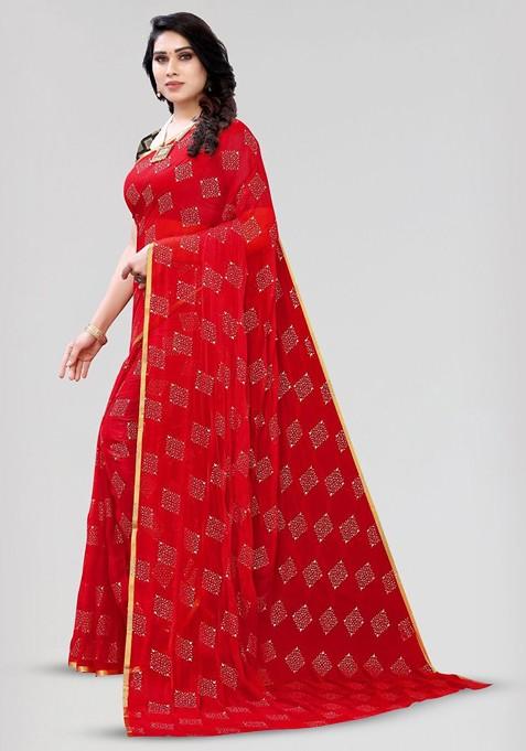 Red Geometric Print Zari Saree Set