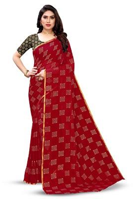 Maroon Geometric Print Zari Saree Set