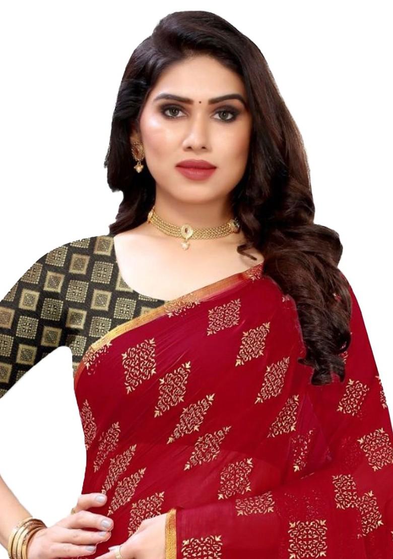Maroon Geometric Print Zari Saree Set