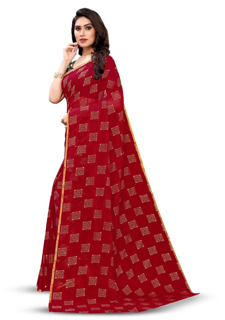 Maroon Geometric Print Zari Saree Set - Indya
