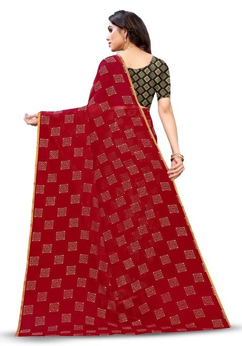 Maroon Geometric Print Zari Saree Set