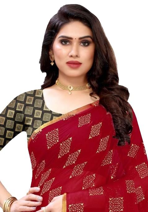 Maroon Geometric Print Zari Saree Set