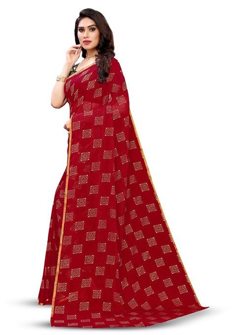 Maroon Geometric Print Zari Saree Set