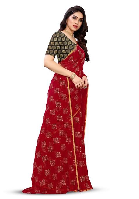 Maroon Geometric Print Zari Saree Set
