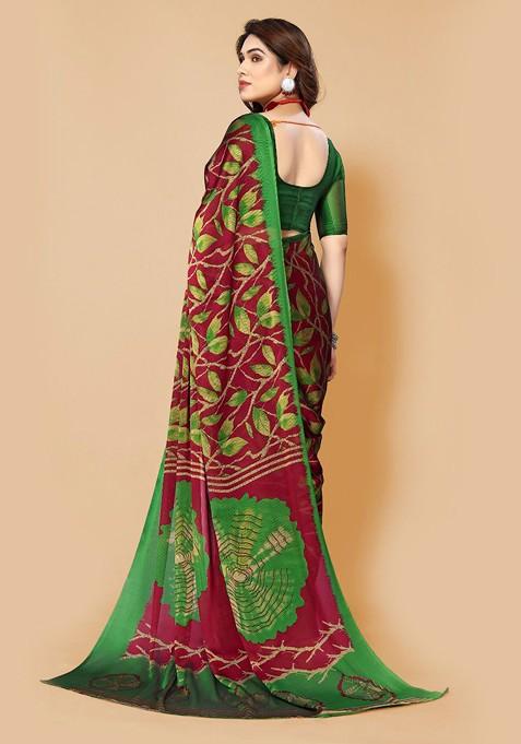 Red Floral Print Saree Set