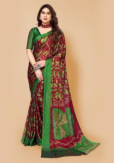 Red Floral Print Saree Set
