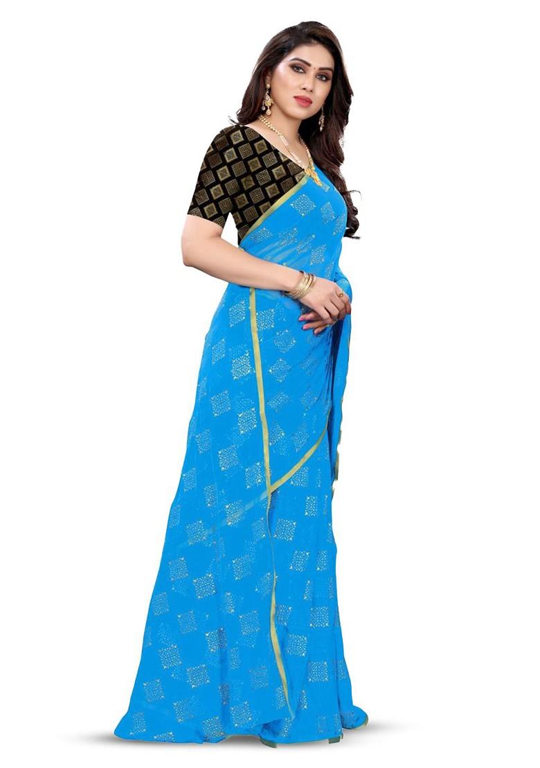 Blue Geometric Print Zari Saree Set