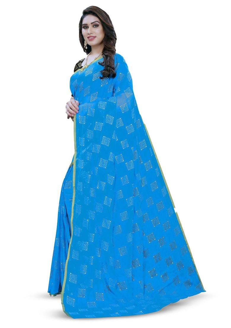 Blue Geometric Print Zari Saree Set