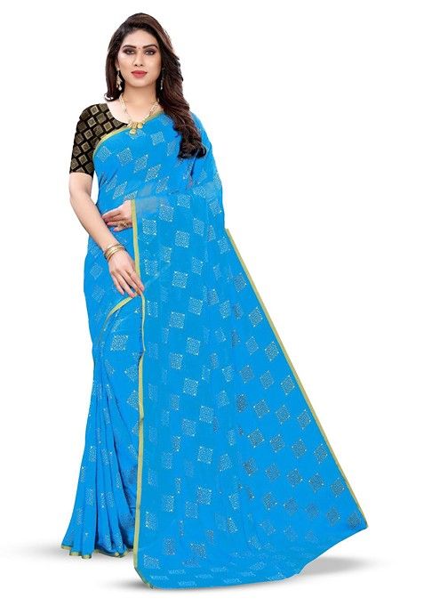 Blue Geometric Print Zari Saree Set