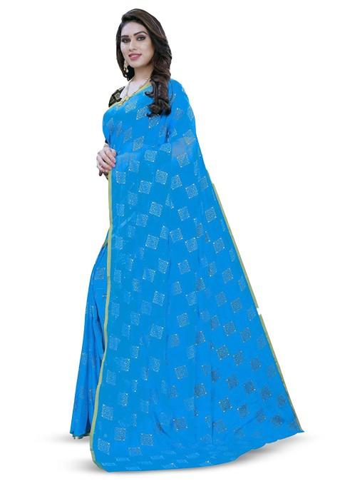 Blue Geometric Print Zari Saree Set