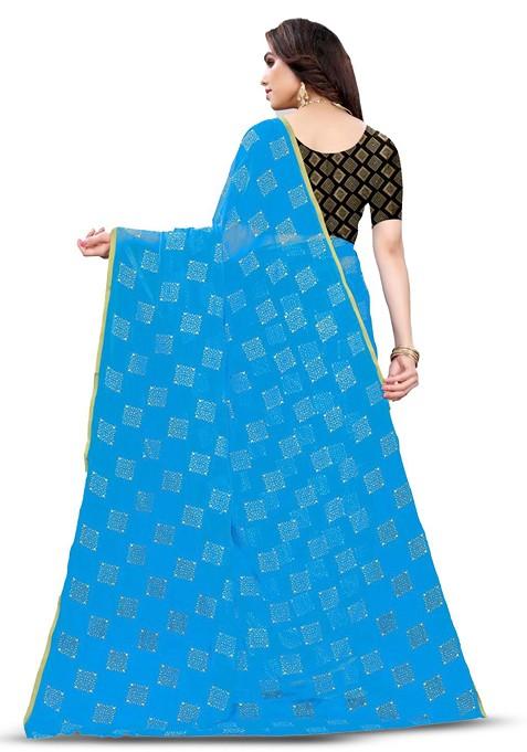 Blue Geometric Print Zari Saree Set