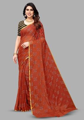 Rust Ethnic Motif Printed Zari Saree Set