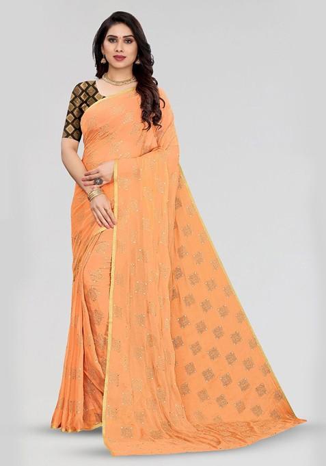 Peach Ethnic Motifs Zari Saree Set