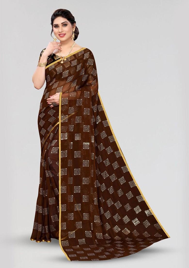 Brown Ethnic Motifs Printed Zari Saree Set