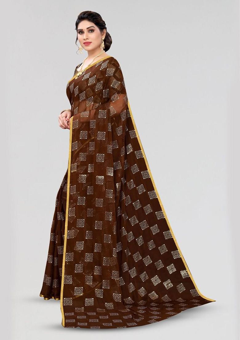 Brown Ethnic Motifs Printed Zari Saree Set