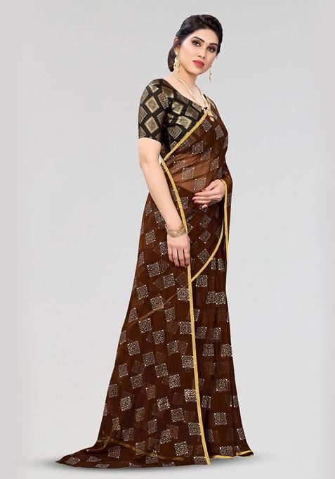 Brown Ethnic Motifs Printed Zari Saree Set