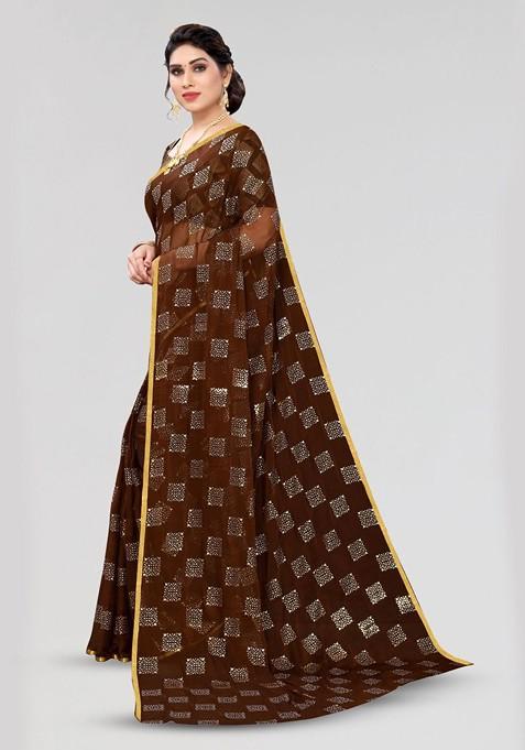 Brown Ethnic Motifs Printed Zari Saree Set