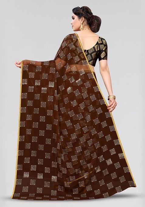 Brown Ethnic Motifs Printed Zari Saree Set