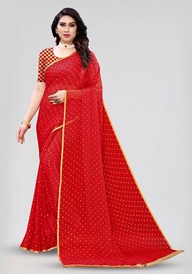 Red Embellished Zari Saree Set