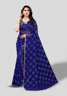 Navy Blue Ethnic Motifs Saree Set