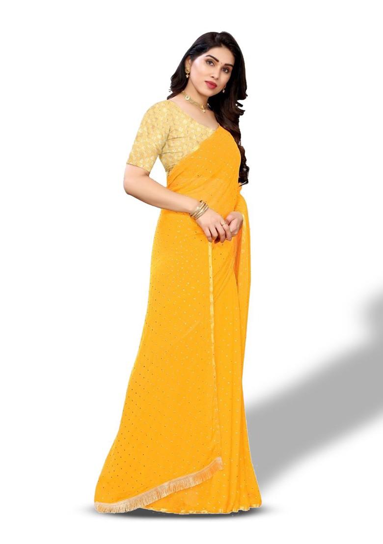 Yellow Polka Dot Printed Saree Set